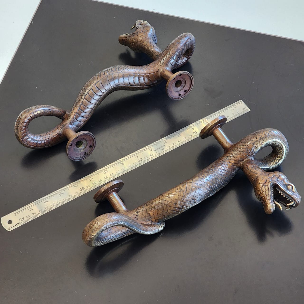 Large Amazing Python Curly body Old Style Snake Door Pull Handles 13" inch hidden face fixing made real brass 35cm - Image 40