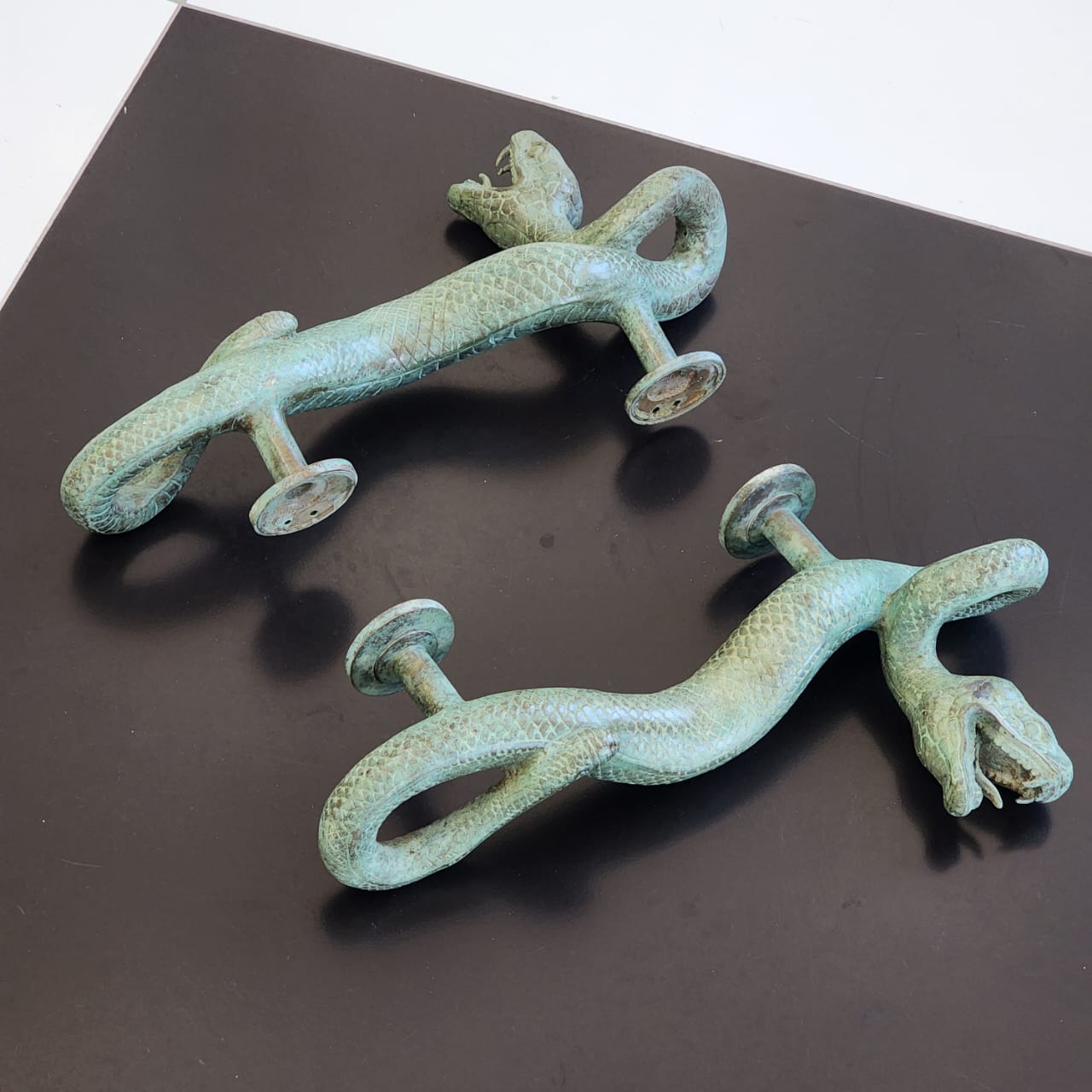 Large Amazing Python Curly body Old Style Snake Door Pull Handles 13" inch hidden face fixing made real brass 35cm - Image 26