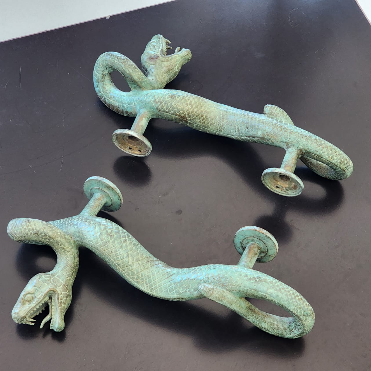 Large Amazing Python Curly body Old Style Snake Door Pull Handles 13" inch hidden face fixing made real brass 35cm - Image 24